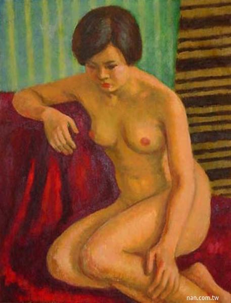 坐裸婦-雙條紋背景