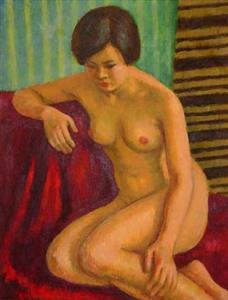 坐裸婦-雙條紋背景